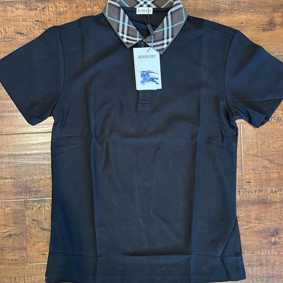 Burberry Navy Polo with Plaid Collar - Picture 1 of 3